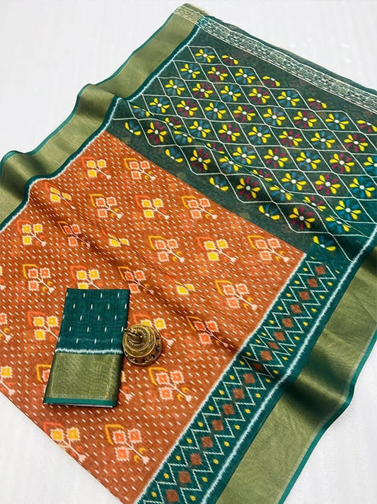 Ikkat Style Linen Printed Saree with Gold Zari Border SA125-199