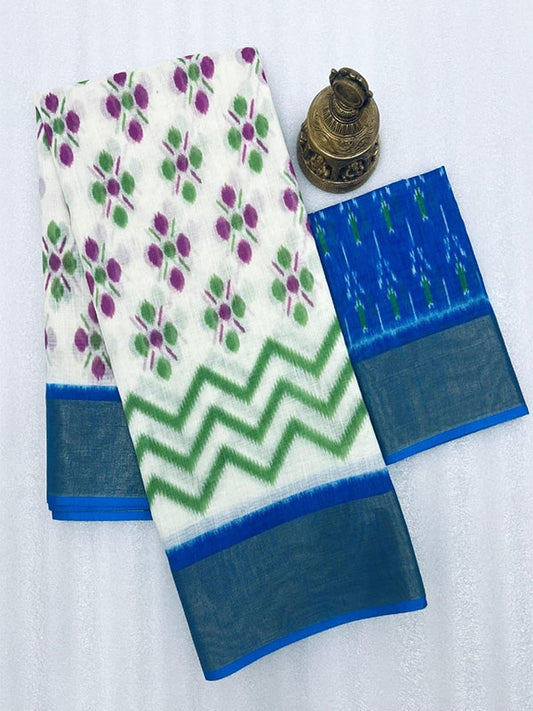 Ikkat Style Linen Printed Saree with Gold Zari Border SA125-198