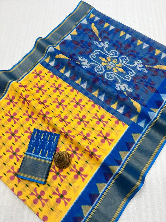 Ikkat Style Linen Printed Saree with Gold Zari Border SA125-201