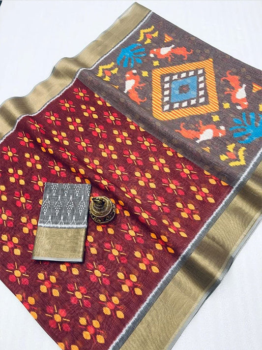 Ikkat Style Linen Printed Saree with Gold Zari Border SA125-202