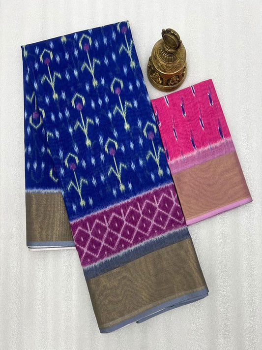 Ikkat Style Linen Printed Saree with Gold Zari Border SA125-203