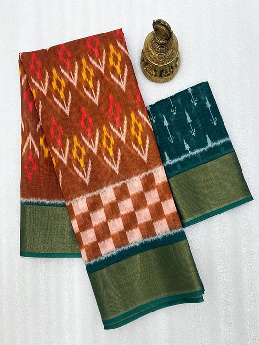 Ikkat Style Linen Printed Saree with Gold Zari Border SA125-204