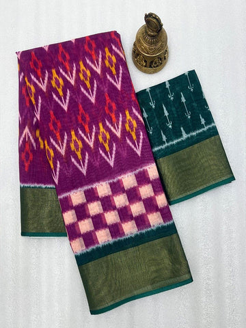 Ikkat Style Linen Printed Saree with Gold Zari Border SA125-205