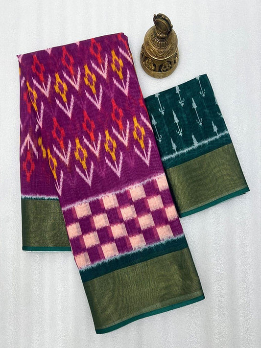 Ikkat Style Linen Printed Saree with Gold Zari Border SA125-205