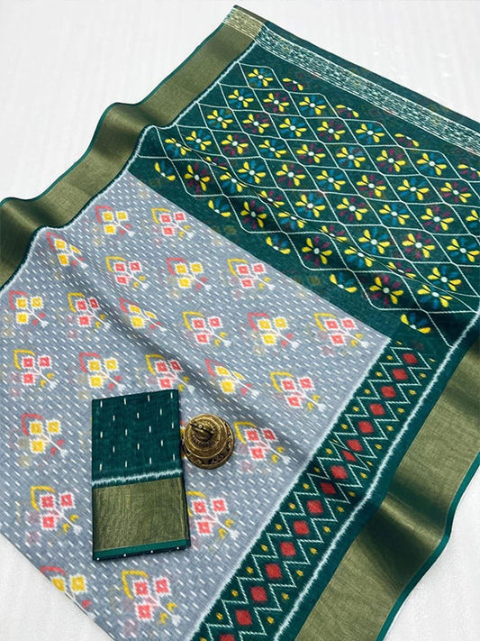 Ikkat Style Linen Printed Saree with Gold Zari Border SA125-206