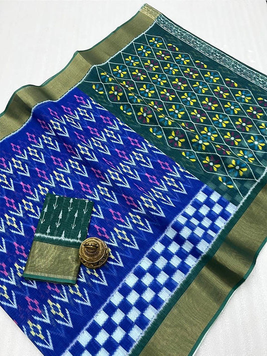 Ikkat Style Linen Printed Saree with Gold Zari Border SA125-207