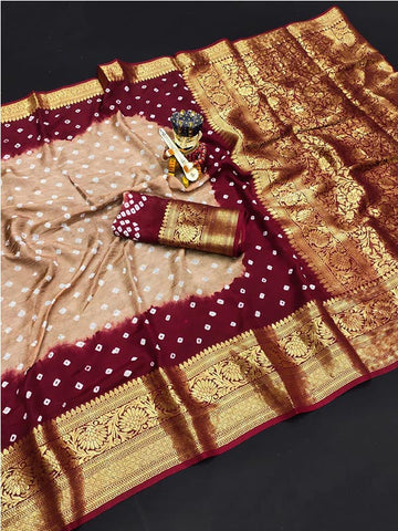 Beige Bandhani Saree with Zari Border SA125-005