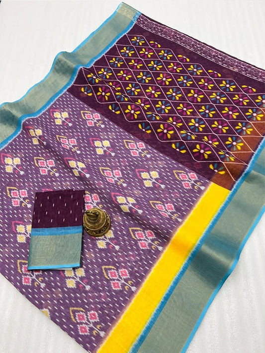 Ikkat Style Linen Printed Saree with Gold Zari Border SA125-208