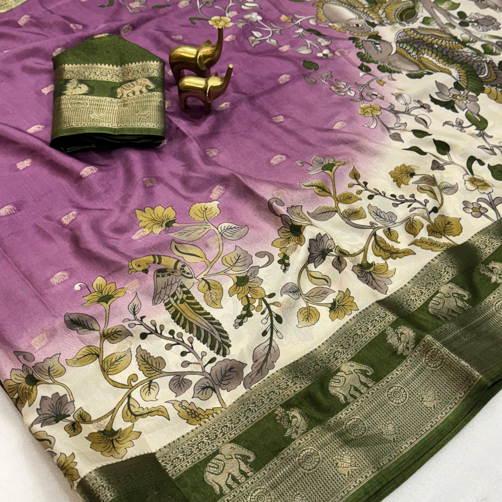 Traditional Kalamkari Print, Elephant-Peacock Weave Border and Jacquard Butti SA925-1270