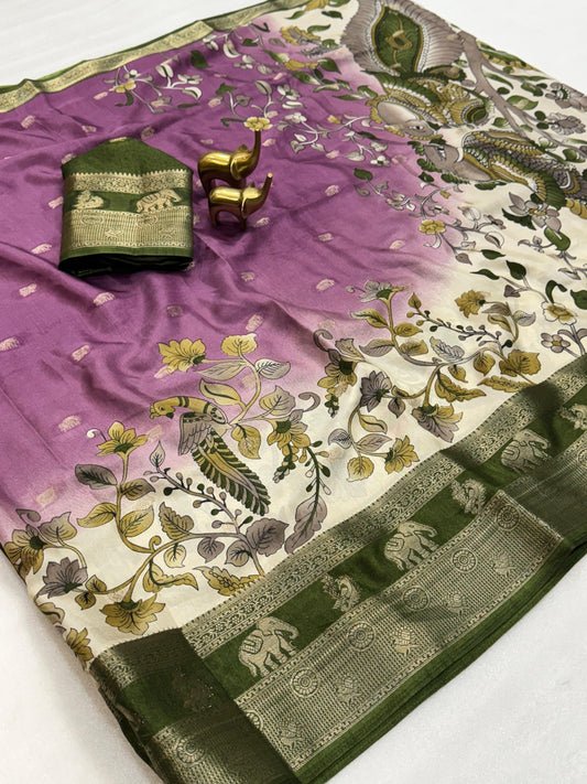 Traditional Kalamkari Print, Elephant-Peacock Weave Border and Jacquard Butti SA925-1270