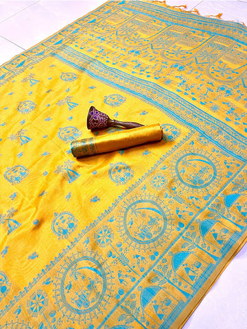 Pure Soft Banarasi Raw Silk Saree with Kalamkari Weaving & Zari Border Blouse SA625-819