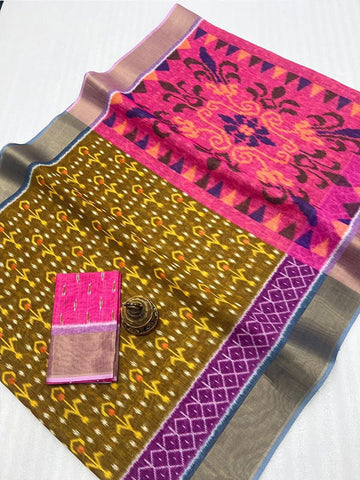 Ikkat Style Linen Printed Saree with Gold Zari Border SA125-211