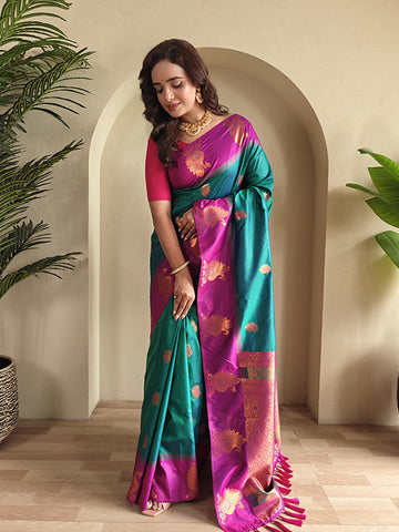 Designer Dual Tone Silk Saree – Zari Weaves with Peacock & Mango Motifs SA525-657