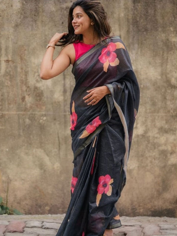 Floral Style Linen Printed Saree with Gold Zari Border SA125-248