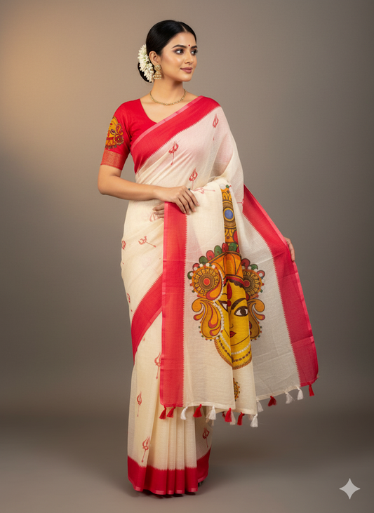 Red Devi – Durga Puja Special Linen Saree  SA825-1137
