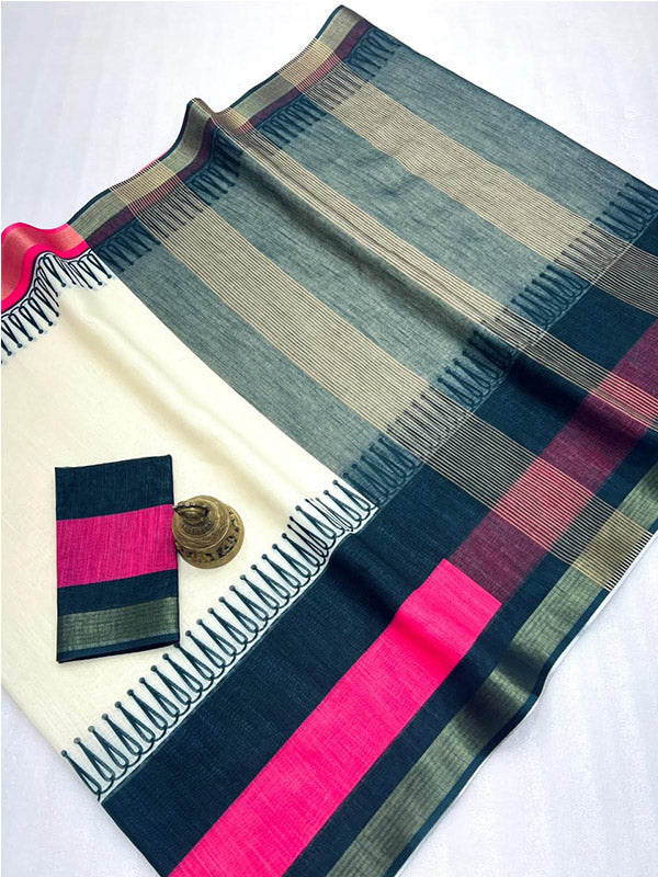 Affordable Linen Printed Saree with Gold Zari Border SA125-262