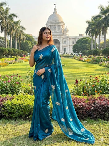 Dual Shaded Satin Saree with Zari & Sequence Floral Butti SA1225-1619