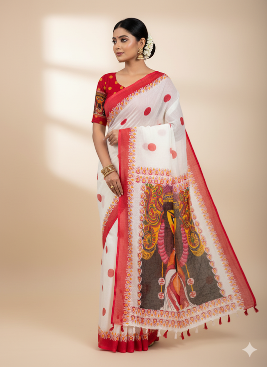 Red Devi – Durga Puja Special Linen Saree  SA825-1138