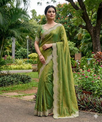 Dual Shade Moss Satin Saree with Intricate Multi-Color Embroidery SA1225-1620