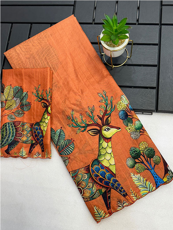 Kalamkari Digital Print Tussar Silk Saree with Arco Borders SA425-478