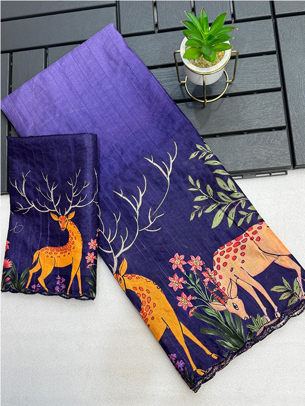 Kalamkari Digital Print Tussar Silk Saree with Arco Borders SA425-480