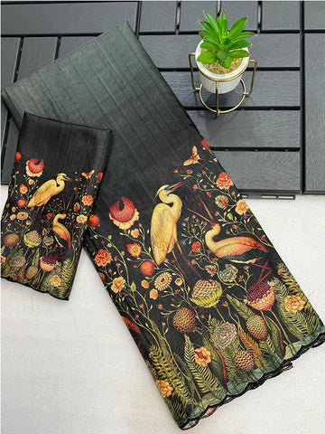 Kalamkari Digital Print Tussar Silk Saree with Arco Borders SA425-481
