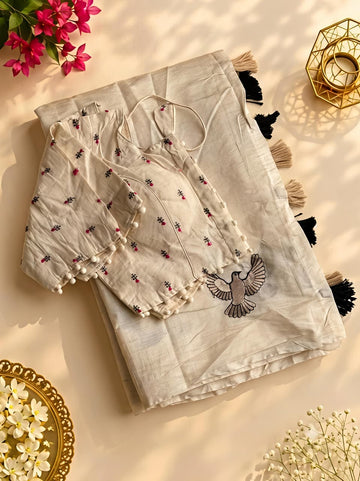 Eagle Embroidery Chanderi Saree with Cotton Tassels Embroidered Blouse SA826-2144