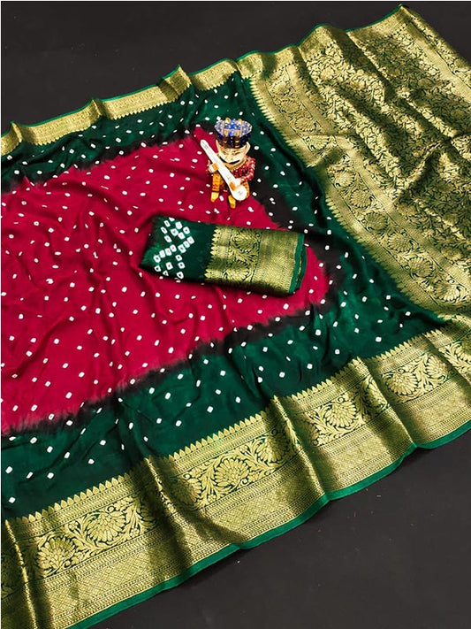 Red Bandhani Saree with Zari Border SA125-008