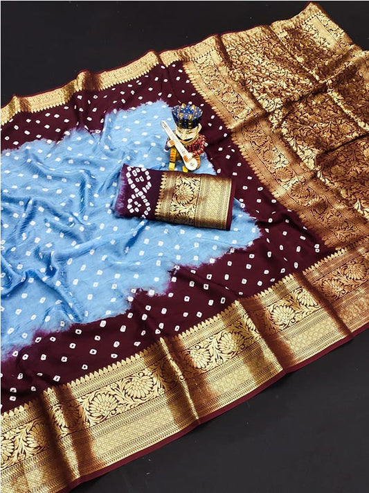SkyBlue Bandhani Saree with Zari Border SA125-010