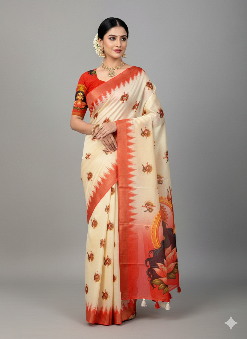 Red Devi – Durga Puja Special Linen Saree  SA825-1150