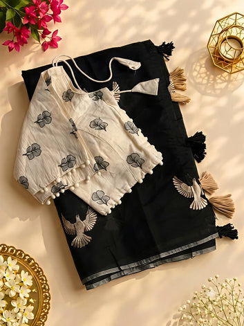 Eagle Embroidery Chanderi Saree with Cotton Tassels Embroidered Blouse SA826-2144