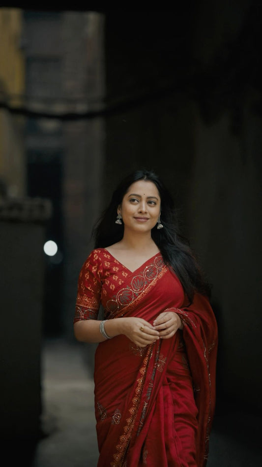 Pure Chanderi Cotton Saree with Handblock Prints & Kaatha Work SA725-904