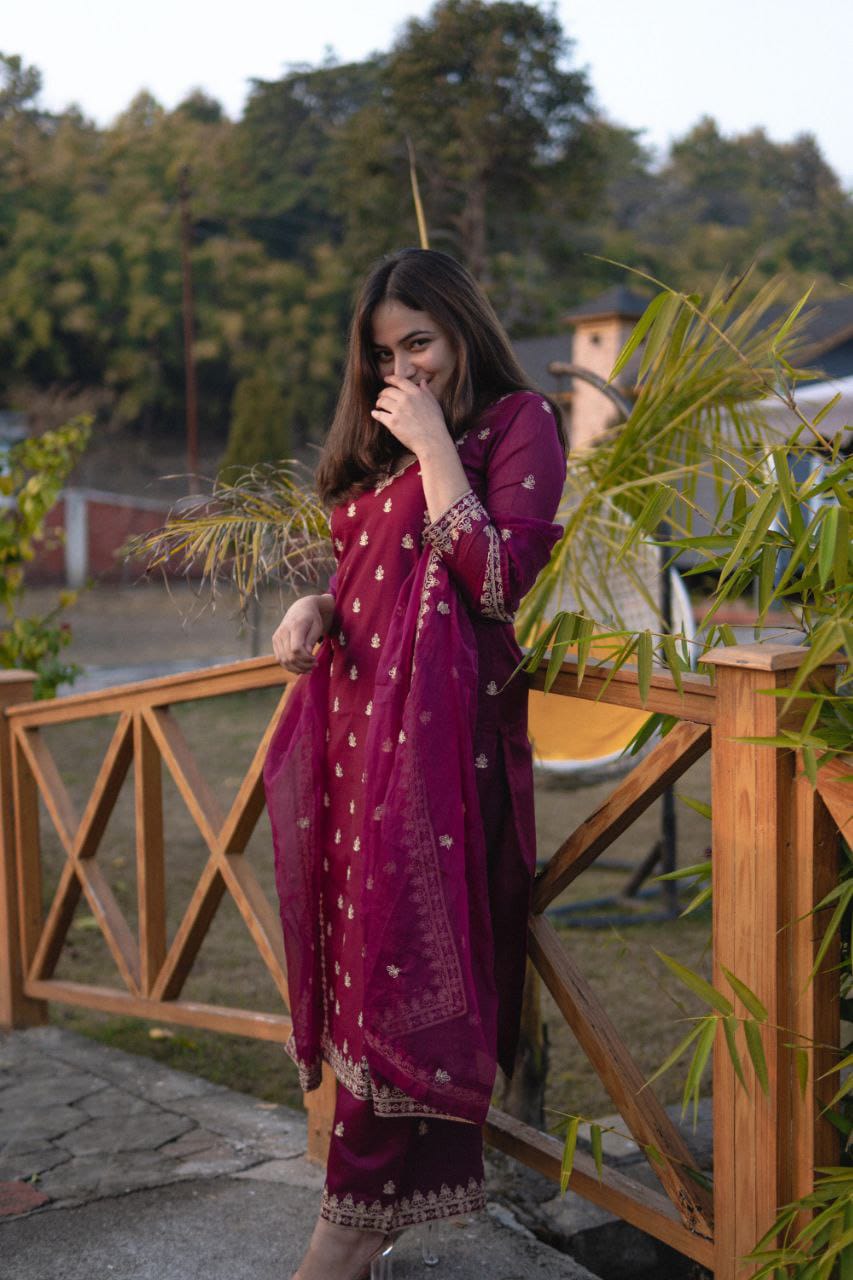 Elegant Wine Chanderi Sharara Style Kurta Set|| SA725-940