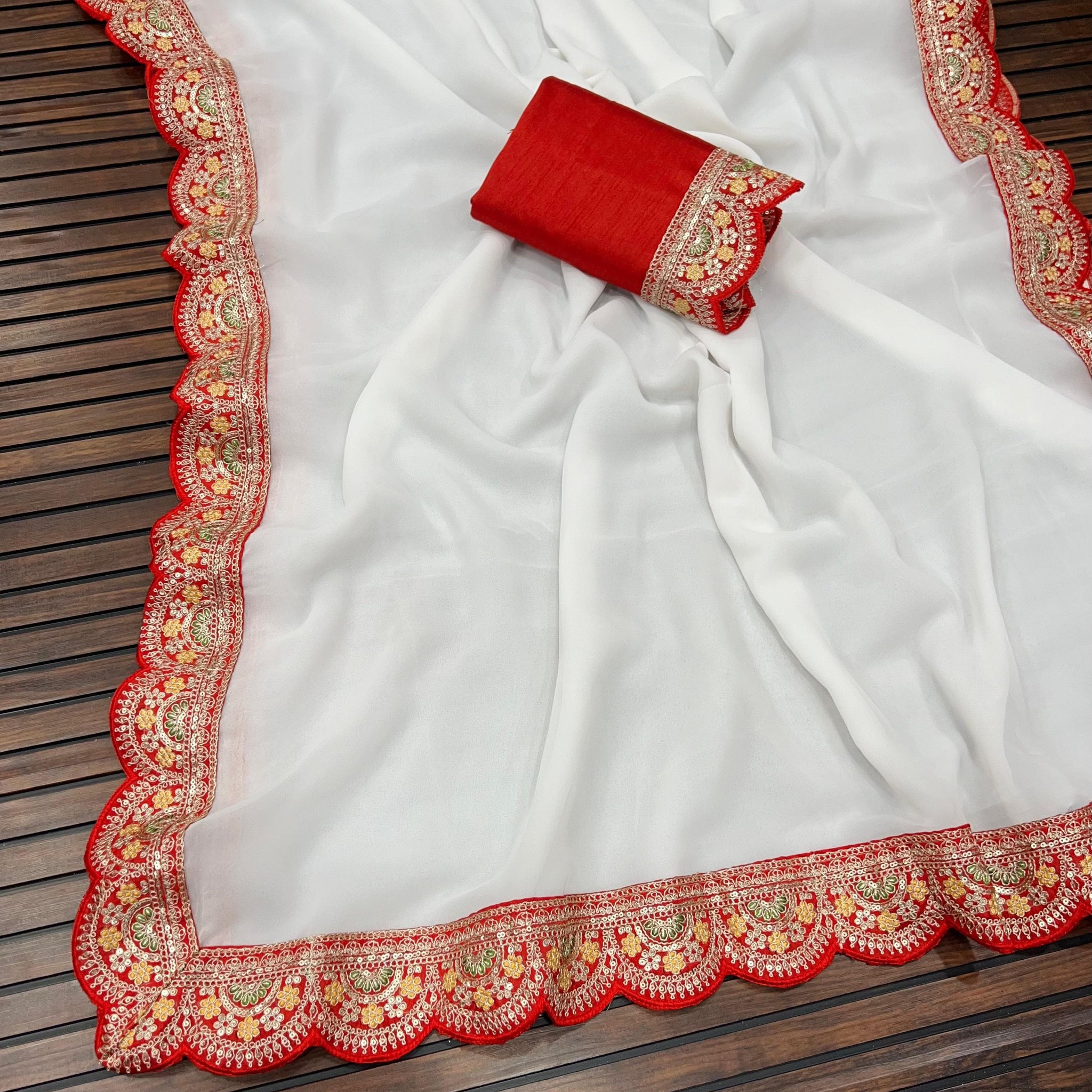 Shwet Shakti – White & Red Fox Georgette Saree  SA825-951