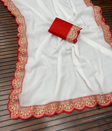 Shwet Shakti – White & Red Fox Georgette Saree  SA825-951