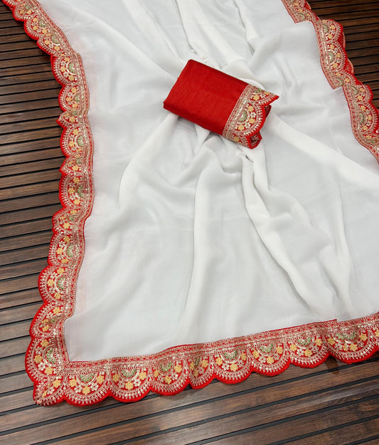 Shwet Shakti – White & Red Fox Georgette Saree  SA825-951