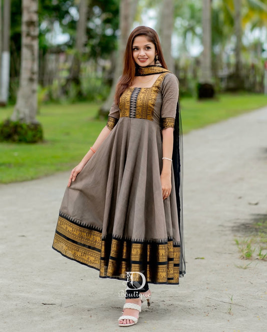Anarkali Flared Banana Silk Kurti Pant Dupatta Set|| SA725-941