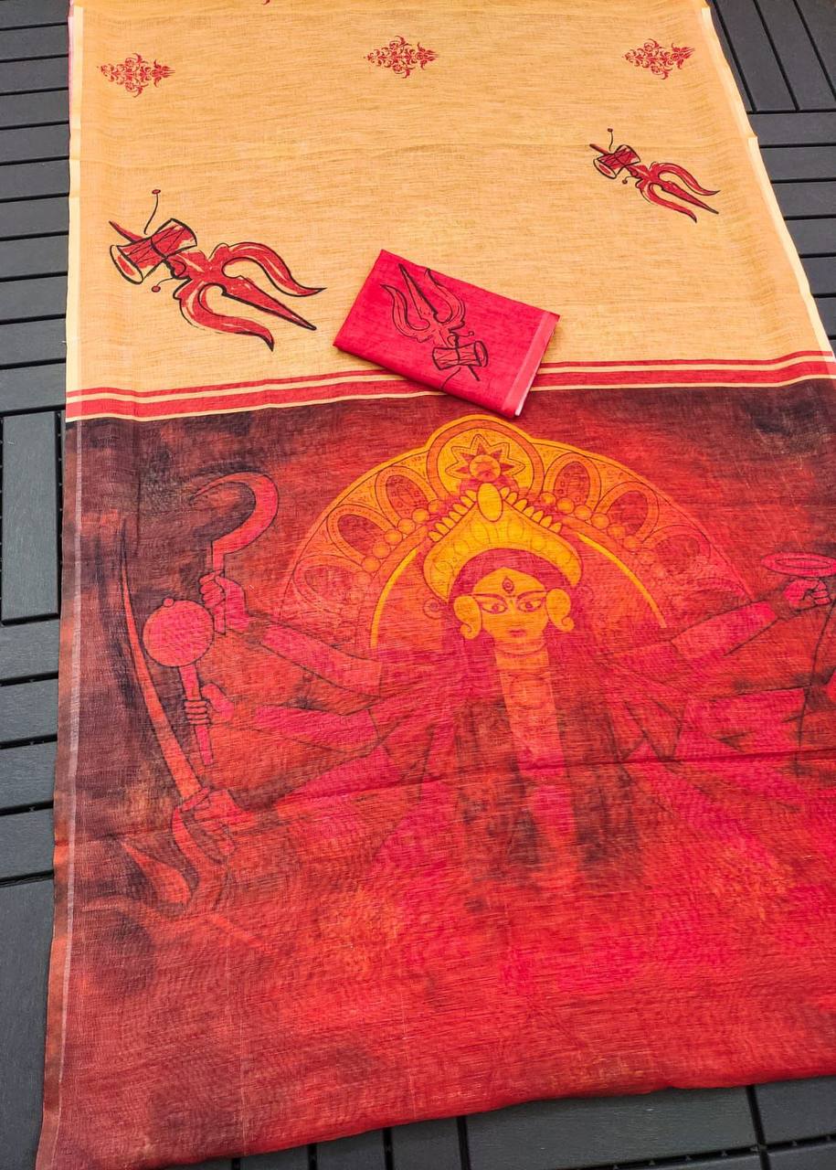 Red Devi – Durga Puja Special Linen Saree  SA825-1027