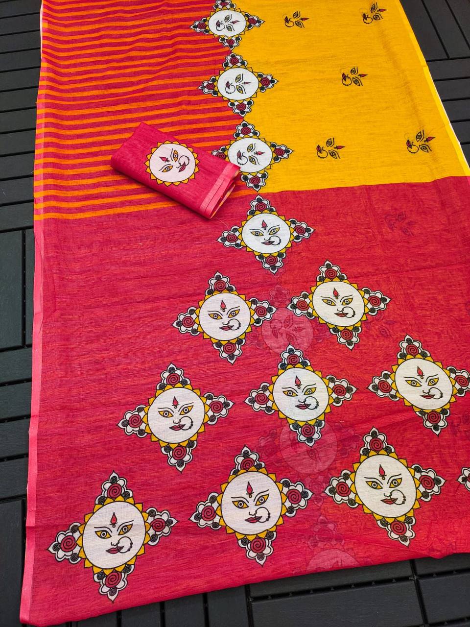 Red Devi – Durga Puja Special Linen Saree  SA825-1033