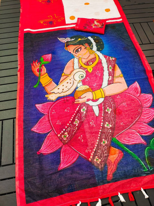 Red Devi – Durga Puja Special LinenSaree with Digital Print SA825-1019