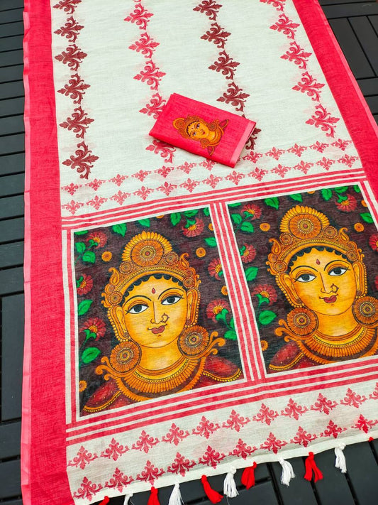 Red Devi – Durga Puja Special LinenSaree with Digital Print SA825-1020