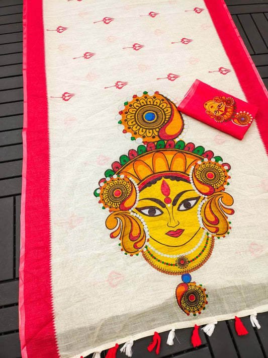 Red Devi – Durga Puja Special LinenSaree with Digital Print SA825-1021