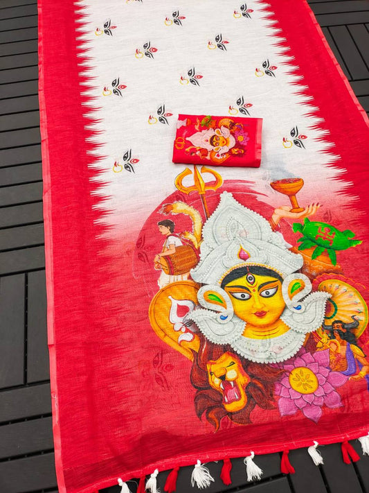 Red Devi – Durga Puja Special LinenSaree with Digital Print SA825-1023