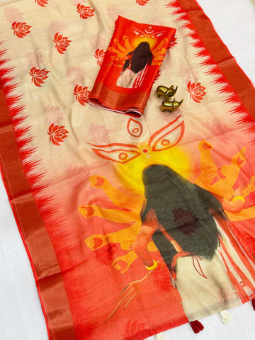 Red Devi – Durga Puja Special Linen Saree  SA825-1042