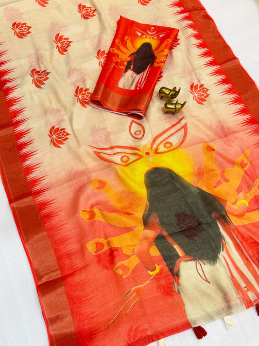 Red Devi – Durga Puja Special Linen Saree  SA825-1042