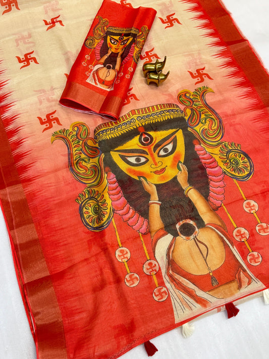 Red Devi – Durga Puja Special Linen Saree  SA825-1043