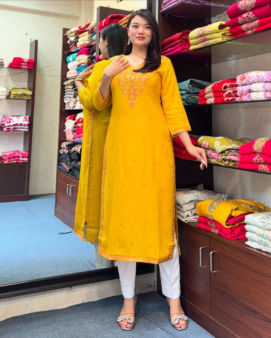 Elegant Embroidered Banana Silk Kurti Set|| SA725-934