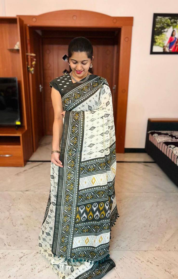 Ajrakh Style Linen Digital Printed Saree SA825-1217