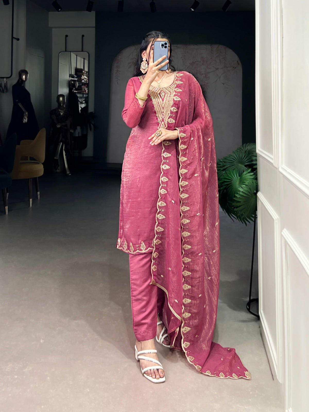 Pink & Silver Stitched Ethnic Set – Top, Bottom & Dupatta SA925-1257
