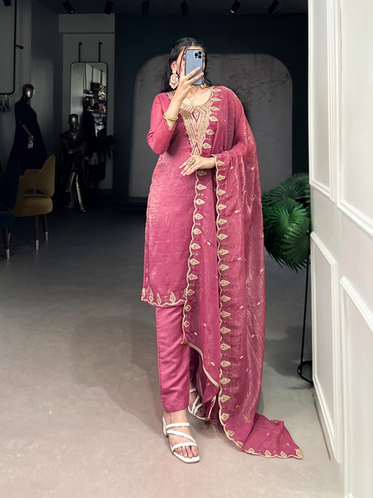 Pink & Silver Stitched Ethnic Set – Top, Bottom & Dupatta SA925-1257